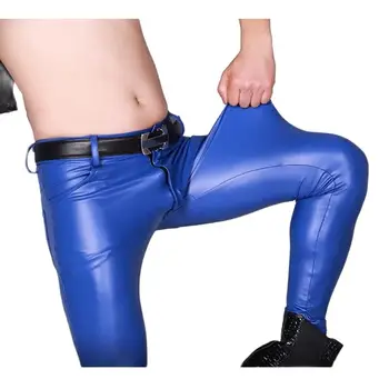 Mens עור מכנסיים מזדמנים עיפרון מכנסיים אופנוע עור PU מכנסיים קמור המפשעה עבה מכנסי טייץ סקיני ג ' ינס בסגנון במה ללבוש.