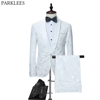 Mens פרחים לבנים כפתור אחד מתאים למסיבת החתונה החתן חליפות שושבינים 2 חתיכה חליפה (ז ' קט+מכנסיים) זכר תחפושת Mariage Homme