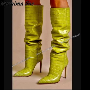 Moraima Snc אור ירוק אבן הדפסה מגפי נשים להחליק על מחודד בוהן הברך מגפיים גבוהים נעלי עקבים גבוהים מסלול נעליים על עקבים