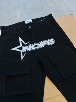 NOFS וינטג 'מכתב הדפסה רקמה ג' ינס מקרית Y2k רחוב היפ הופ גברים באגי שחור, מכנסי ג ' ינס רחב הרגל מכנסיים, בגדי גברים
