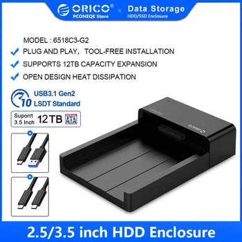 ORICO 6518C3-G2 2.5/3.5 אינץ ' כונן דיסק קשיח מקרה SATA-USB 3.1 Gen2 סוג C מתחם HDD 12V מתאם מתח תמיכה 12TB כונן הדיסק הקשיח