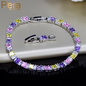 Pera אופנה צבע כסף תכשיטים רב צהוב ורוד סגול זרקונים אבן טניס מרובע צמיד חוליות שרשרת לנשים B022