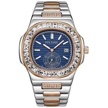 PINTIME שעונים של גברים נירוסטה רצועה אופנה קוורץ שעון היד עמיד למים 30 מבריק זירקון תיק עסקים זכר שעון רלו