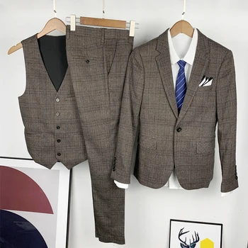 Plyesxale Mens Slim Fit חליפת האריג סטים אופנה באיכות גבוהה שלוש חתיכה קפה כחול אפור חתונה, חליפות לגברים 2020 חדש Q961