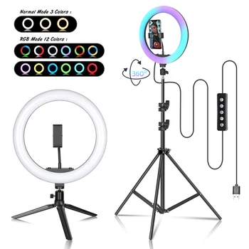 SH 12 אינץ RGB טבעת אור 15 בהירות Selfie LED שולחן העבודה למעגל מנורה עם חצובה Stand מחזיק טלפון בשביל לחיות איפור Dimmable
