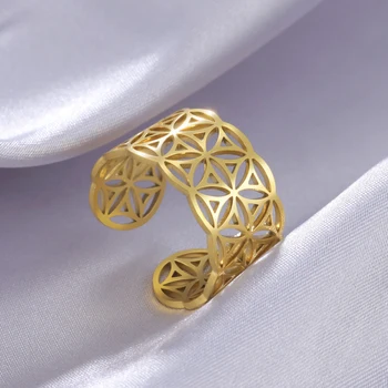 Skyrim פרח החיים הטבעת נשים נירוסטה זהב צבע גיאומטריה מקודשת פתח מתכוונן אסתטי טבעות 2023 תכשיטים מתנה