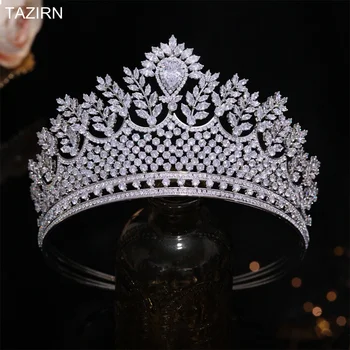 TAZIRN 5A זרקונים חתונה כלה גדול כתרים ולא עטרות יוקרה בעבודת יד CZ המלכה הנסיכה גדול הכובעים אביזרים מתנות