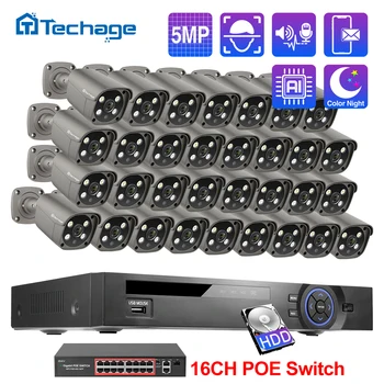 Techage 32CH 5MP פו NVR מצלמת אבטחה, מערכת זיהוי פנים-כיוונית אודיו H. 265 מצלמת IP P2P טלוויזיה במעגל סגור מעקב וידאו סט