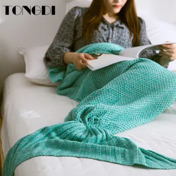 TONGDI רך חם פופולרי אופנתי ים זנב דג סריגה שמיכה מתנה עבור ילדה נסיכה כל העונה בעבודת יד שק שינה