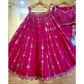 Unstitched Lehenga Choli הודי אתני שמלת החתונה מתכת נצנצים לקישוט כבד בעבודת יד כחול פלוס שלושה חתיכת קבוצה