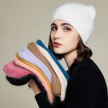 VISROVER 10 צבעים מוצק צבע פרווה ארנב חורף כובע לאישה שיער ארוך חם כובע פשוט, באיכות גבוהה, רך חורף כובעים