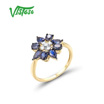 VISTOSO אמיתי 14K 585 זהב צהוב טבעת לנשים מבעבע כחול ספיר יהלום אשכול טבעת מהממת אופנתי תכשיטים יפים