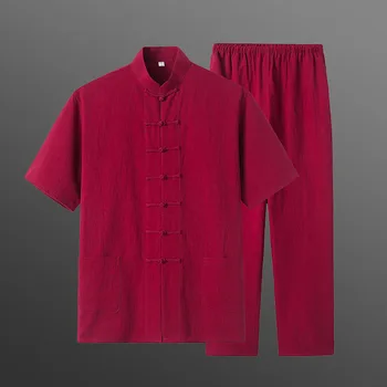Yourqipao הקיץ 2023 אדום טאנג חליפת כותנה, במבוק דק מזדמן רטרו אבזם הסגנון המסורתי הסיני מכנסיים מקסימום מגדיר עבור גברים
