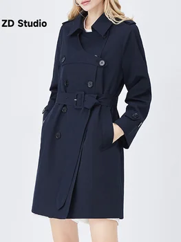 [ZD סטודיו] מעצב אמצע אורך המעיל של נשים 2023 סתיו חדש דש כפול עם חזה בסגנון בריטי יוקרתי מעיל רוח