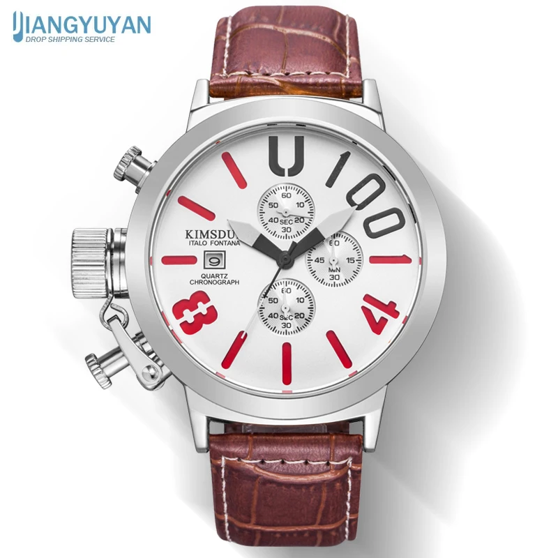 שעון חדש אוטומטי תאריך, הכרונוגרף גברים השעון עמיד למים אופנה מזדמן רצועת עור הצבאי ספורט שעונים שעון Relogio masculino - 0