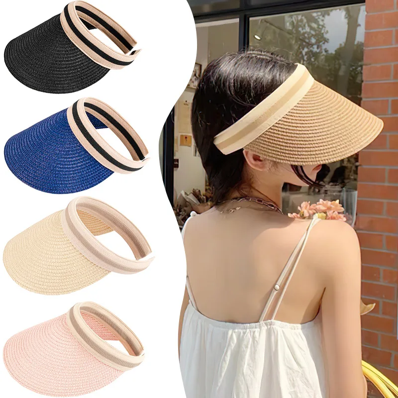 הקיץ של נשים כובע לאפיט ארוגים בראש חלול כובע קרם הגנה רכיבה על אופניים הגנת UV אופנה חוף ברווז הלשון שמשיה הכובע - 0