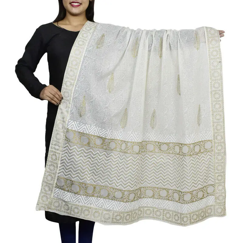 נשים הודיות מודפס כותנה לבן ארוך Dupata צעיף הודי Chuni מטפחת צעיף אירופה ואמריקה, מגמת אופנה - 0