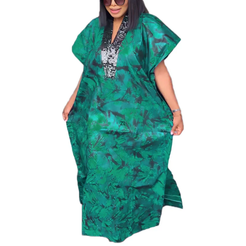 פוליאסטר אפריקה שמלות לנשים הקיץ אפריקה קצר השרוול V-צוואר נצנצים בתוספת גודל ארוכה גלימות אפריקה בגדי נשים - 0