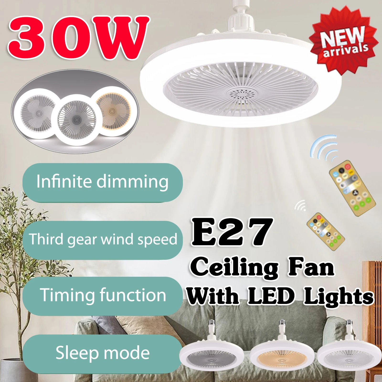 E27 מאוורר תקרה עם אורות LED מאוורר אור מנורת התקרה עם מאוורר מאוורר חשמלי עם שלט רחוק עבור חדר השינה לסלון עיצוב - 0