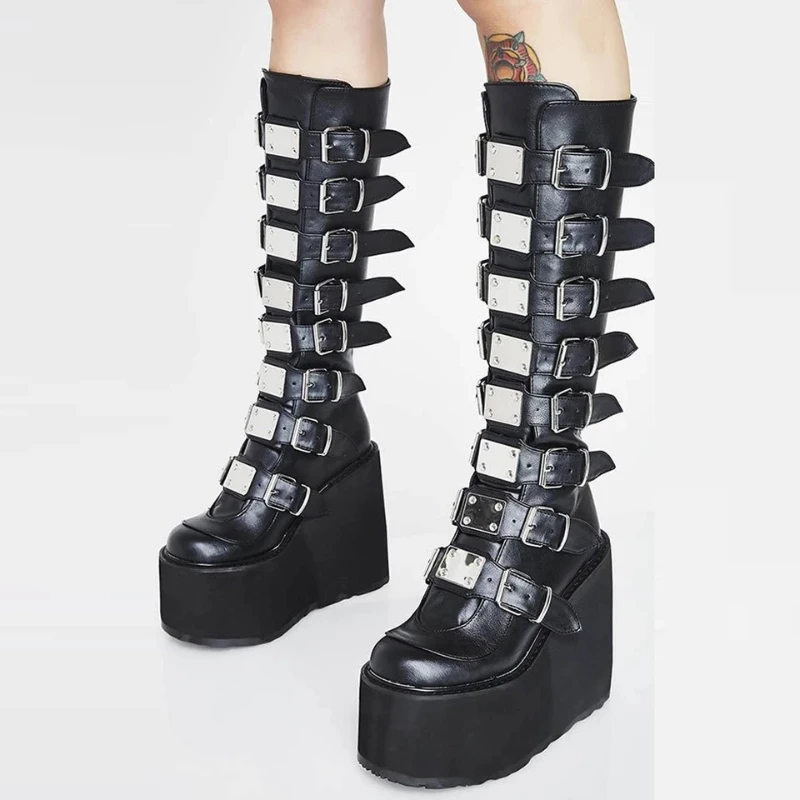 נשים קוספליי מגפיים גבוהים בחורף צינור ארוך עור אביר אתחול פאנק הגותי קלאסי שחור נעליים עקב גבוהות בגובה הברך - 0