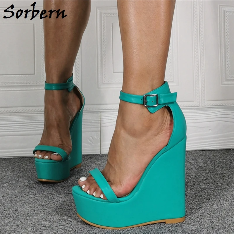 Sorbern נוח וודג סנדלים כחול ירוק קרסול רצועות גודל גדול לשני המינים נעלי קיץ רב צבעים פלטפורמת העקב התמונה האמיתית - 0