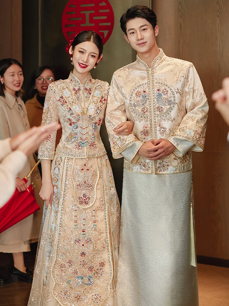 לבוש מסורתי של נשים שמפניה Xiuhe כלה שמלת החתונה Eleganct זהב סינית העליון טוסט להגדיר נקבה החתן טאנג חליפה - 0