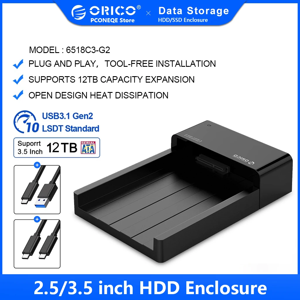ORICO 6518C3-G2 2.5/3.5 אינץ ' כונן דיסק קשיח מקרה SATA-USB 3.1 Gen2 סוג C מתחם HDD 12V מתאם מתח תמיכה 12TB כונן הדיסק הקשיח - 0