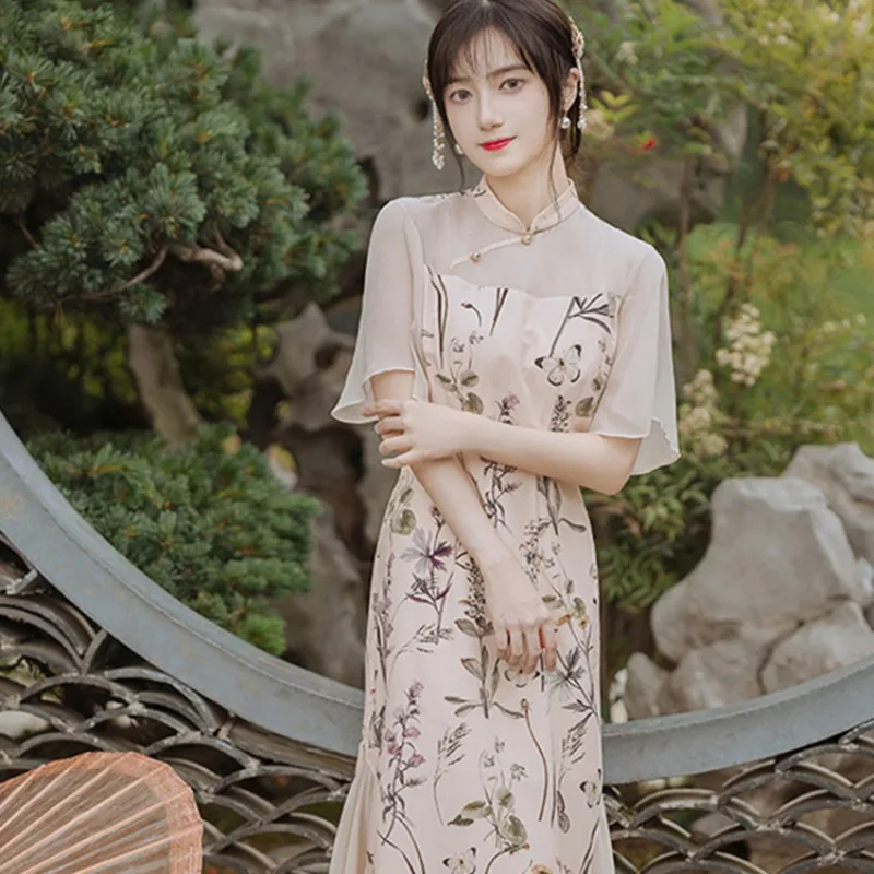 סיני Cheongsam שמלת 2023 רטרו שונה עם שרוול קצר מודפס באיכות גבוהה אלגנטית טמפרמנט הרזיה צ 'יפאו צ' י-פאו - 0