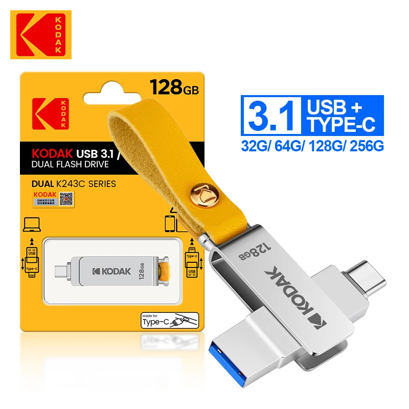 קודאק OTG USB פלאש כונן 128GB סוג C Pendrive K243C מתכת USB3.1 64GB 132GB 2 ב-1 U-דיסק Landyard על מקשי הטלפון החכם הנייד - 0
