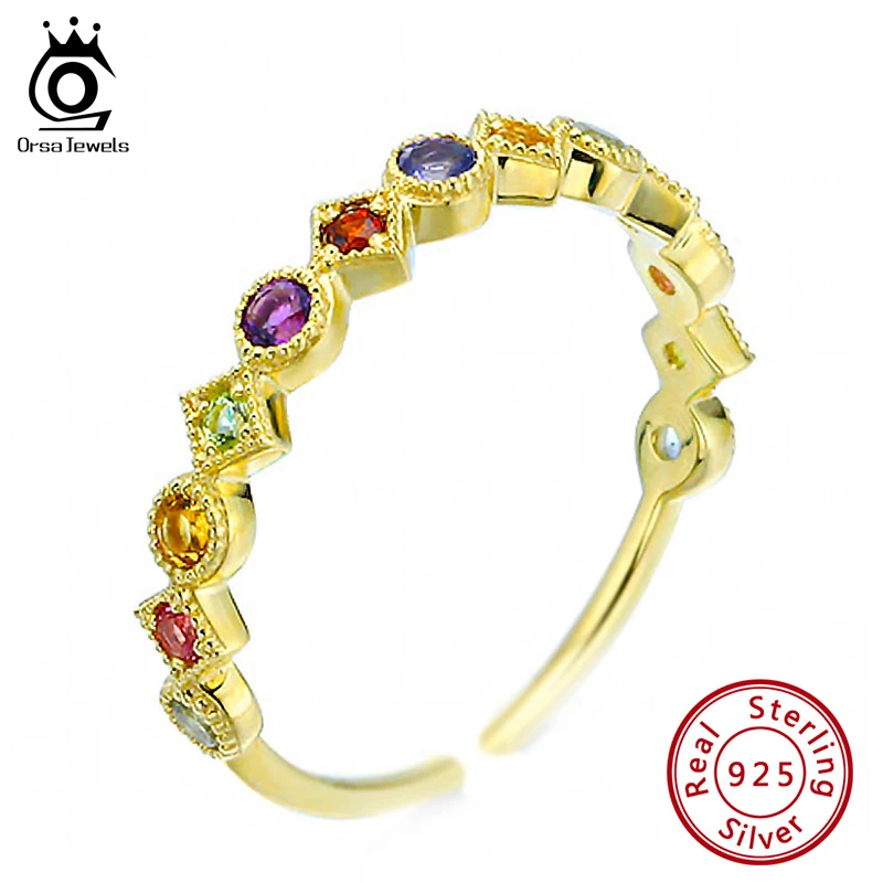 ORSA תכשיטי כסף סטרלינג 925 נשים טבעות קשת צבעונית AAAA זירקון זהב-צבע כסף האצבע טבעת תכשיטים 2021 EQR14 - 0