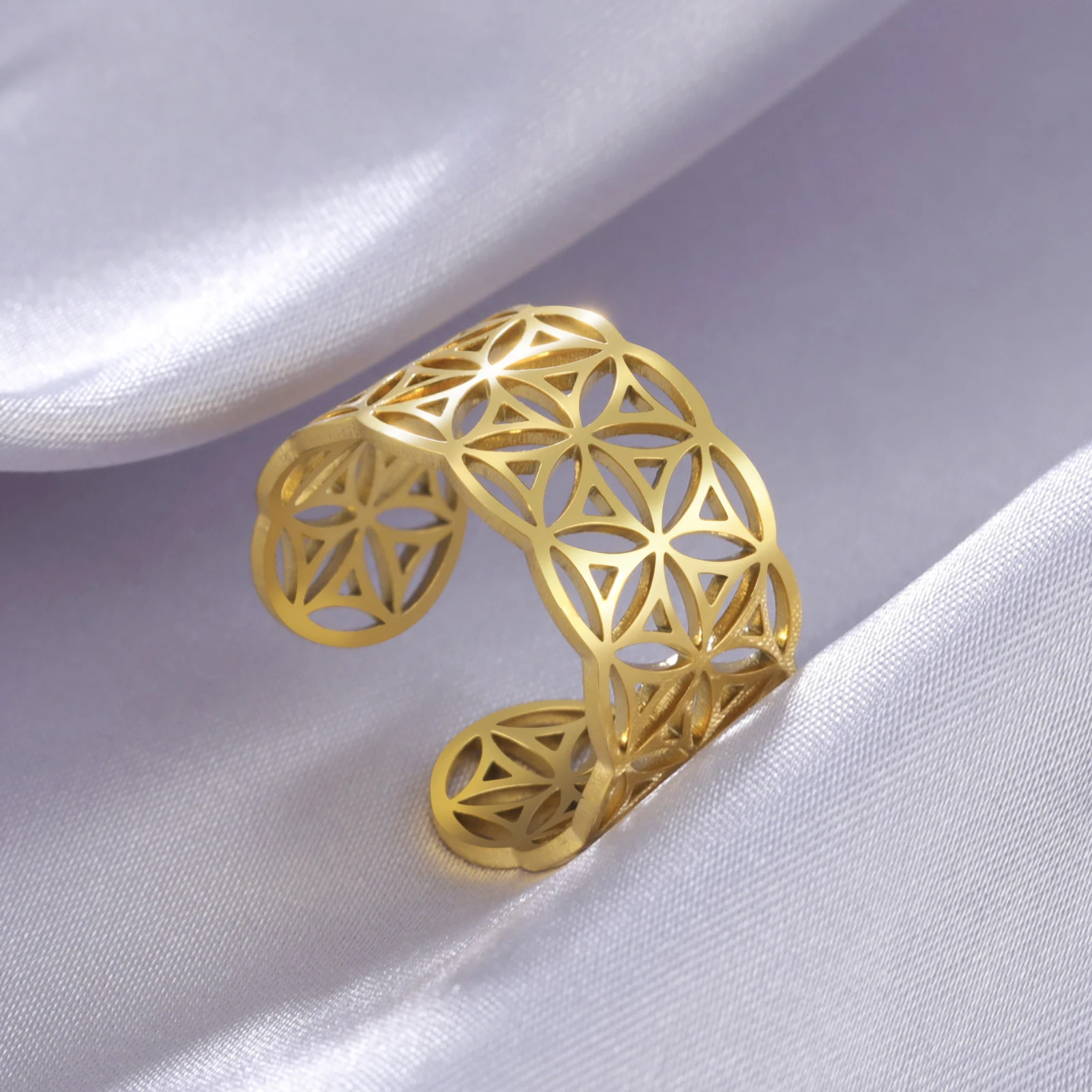 Skyrim פרח החיים הטבעת נשים נירוסטה זהב צבע גיאומטריה מקודשת פתח מתכוונן אסתטי טבעות 2023 תכשיטים מתנה - 0