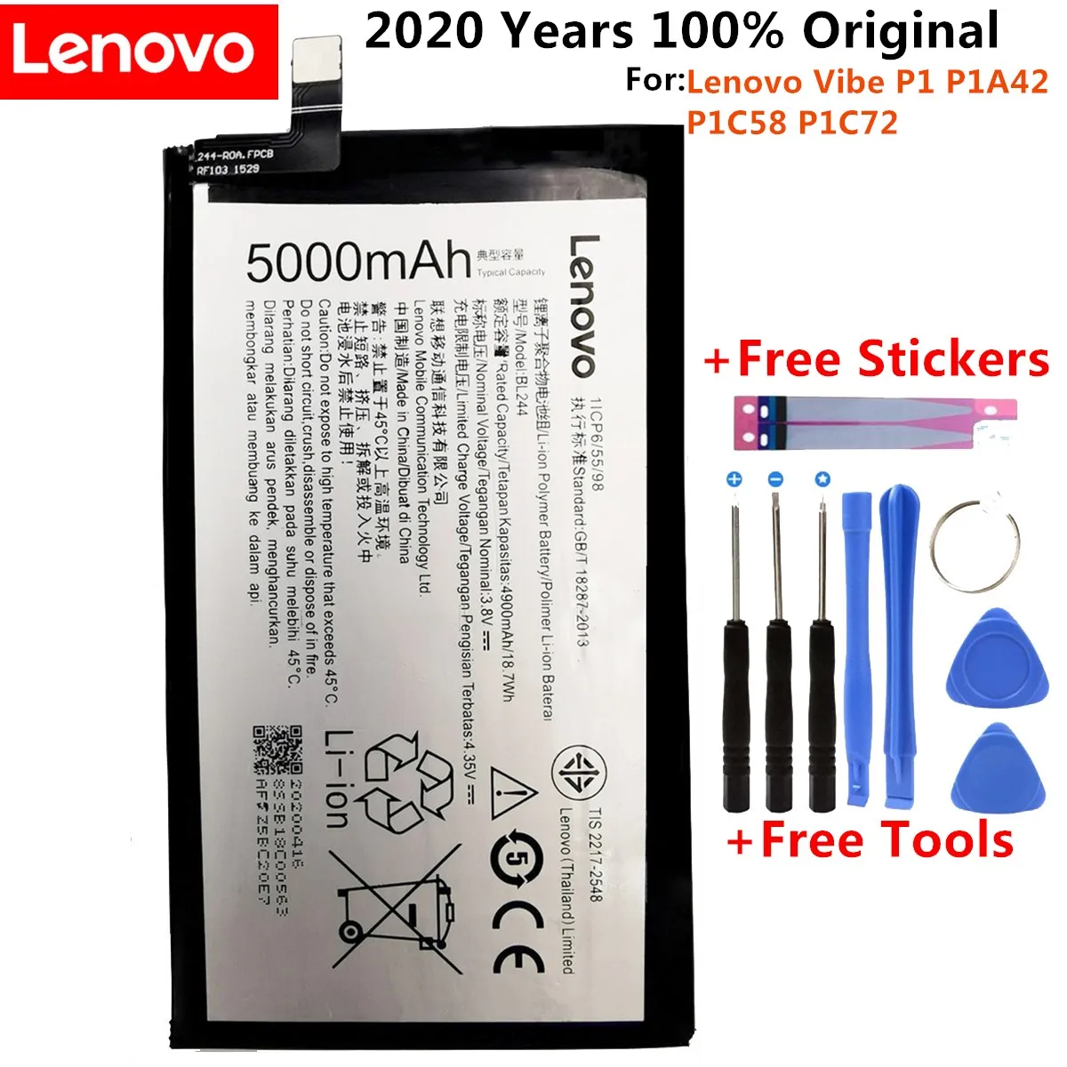 100% מקורי חדש באיכות גבוהה אמיתי 5000mAh BL244 סוללה Batterie על Lenovo Vibe P1 P1A42 P1C58 P1C72 - 0