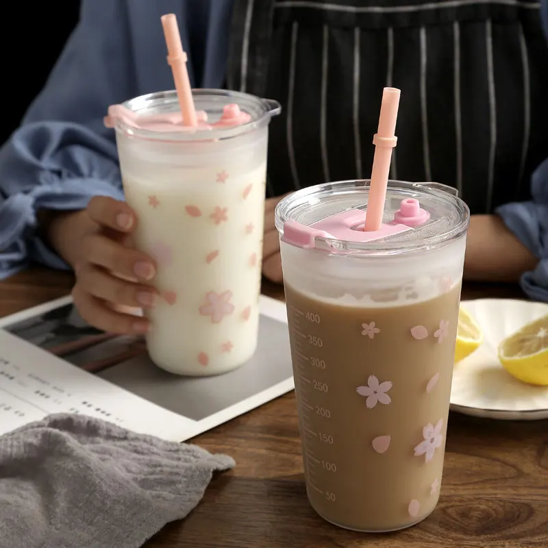 סאקורה לכוס זכוכית שכבה כפולה עמיד בחום זכוכית עם מכסה וקש Kawaii פרח כוס קפה, כוס תה, בקבוק מים Drinkware - 0