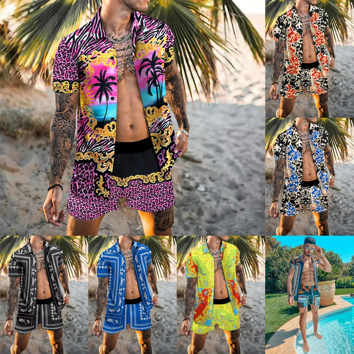אופנה חדשה החוף של גברים קיץ חולצת החליפה מזדמנים לנשימה מוצק צבע שרוול קצר חולצה קצרים חוף גברים להגדיר - 0