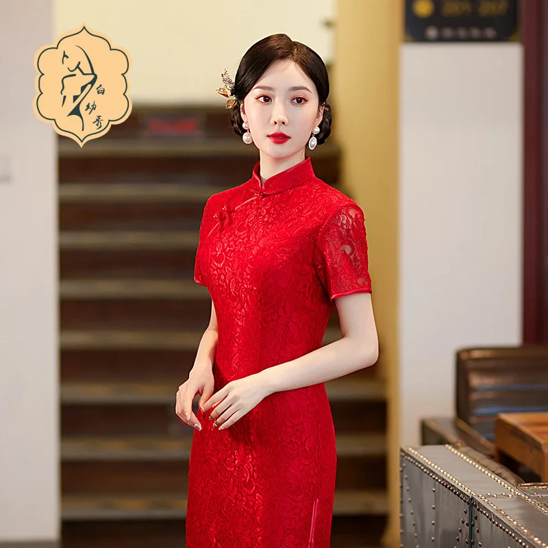 סיני צ ' יפאו Cheongsam דרקון/פיניקס רקמה סינית מסורתית Cheongsam עבור נשים בצד לחתוך שולי שמלת מיני Cheongsam - 0