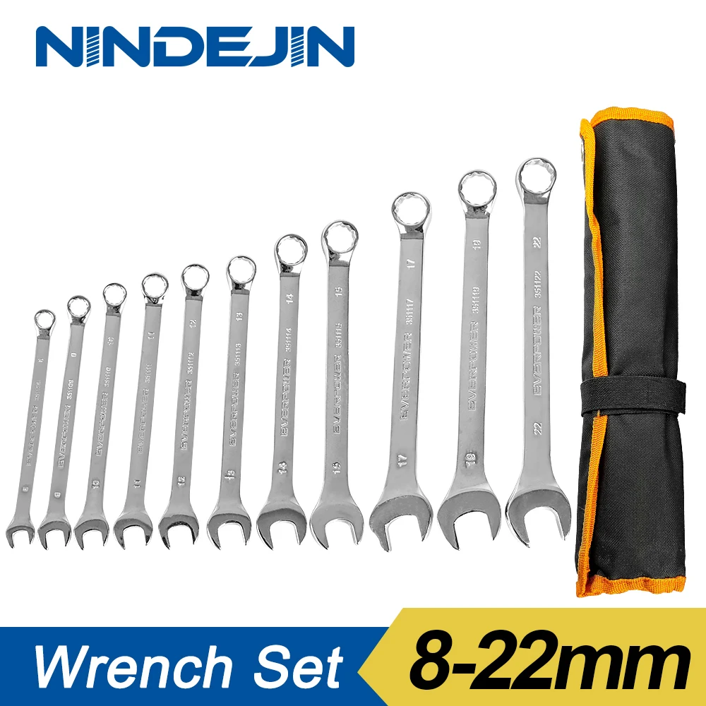 NINDEJIN 11pcs מברג, מפתח ברגים סט כלי CR-V 8 9 10 11 12 13 14 15 17 19 22mm סוף פתוח מפתח ברגים שילוב להגדיר - 0