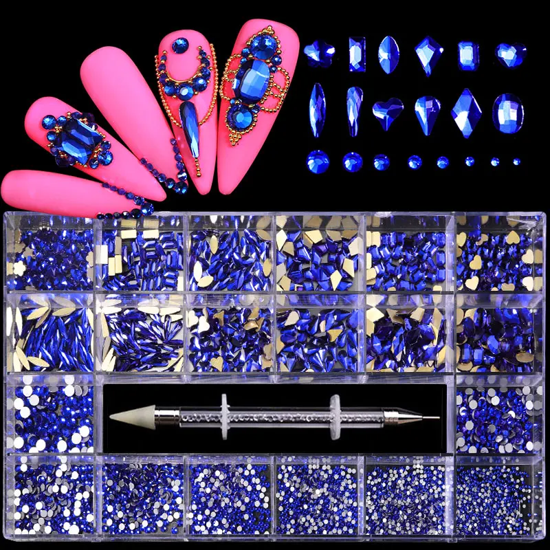 1Box מעורב מבריק כחול קריסטל 3D אמנות ציפורן ריינסטון קישוטי יהלומים תכשיטי זכוכית מניקור עיצוב אביזרים אספקת - 0