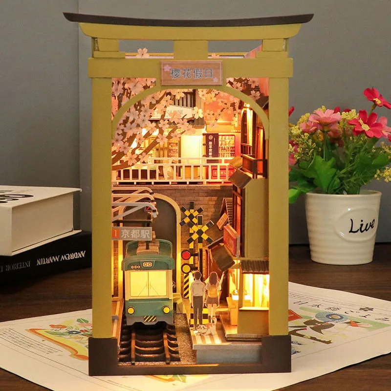 הספר החדש פינה היפנים פריחת הדובדבן הסמטה לשים מדף הספרים להכניס ארון הספרים DIY התאספו בניית צעצועים לילדה מתנה קאסה - 0