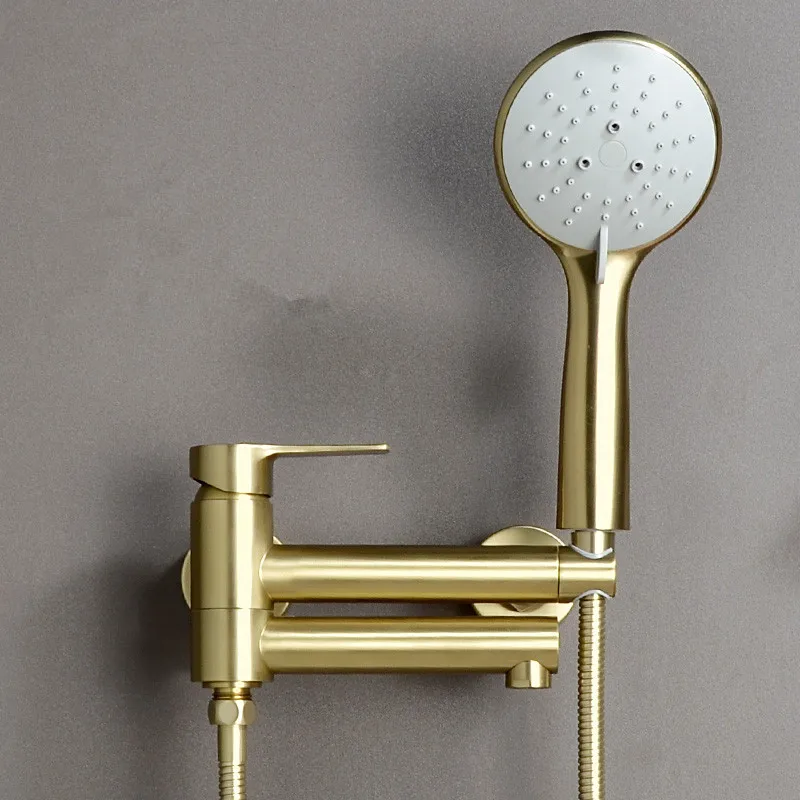 חדר אמבטיה ברזים לאמבטיה להגדיר חמה & קר, מוצק פליז מוברש זהב עם כף יד מקלחת ברז מיקסר הקש על קיר רכוב מסתובב - 0