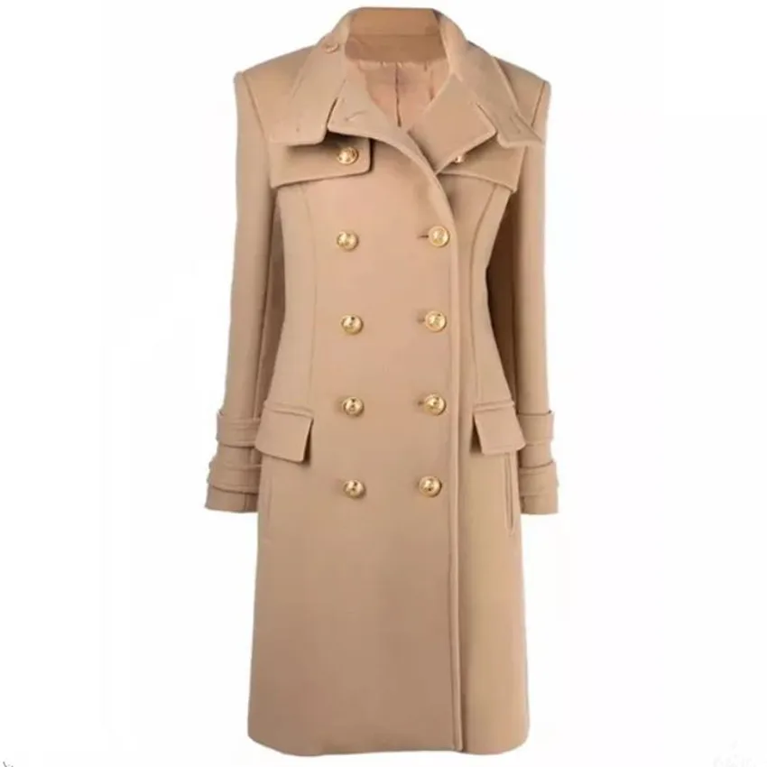 אופנה החורף OL כפול עם חזה ארוך מעיל צמר נשים אלגנטי סלים משרד ליידי צמר תערובות להאריך ימים יותר - 0
