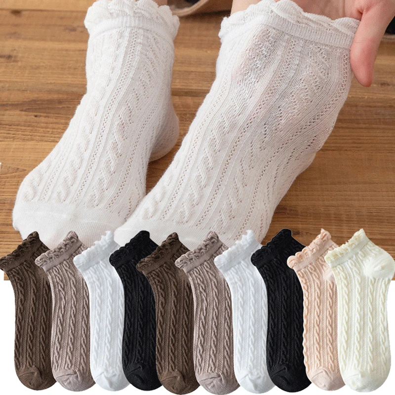 רטרו דק נשים גרביים מוצק כותנה צבע הגרביים קוריאנית קיץ לנשימה יפנית פטריות תחרה טוויסט צינור קצר הסירה גרביים - 0