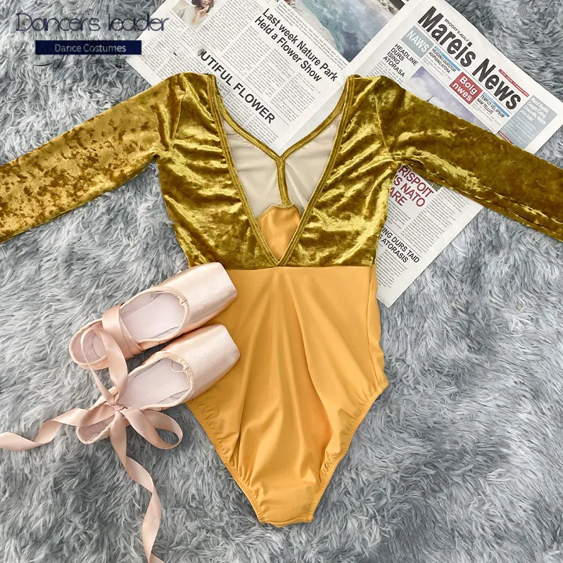 בלט על בגד גוף עם שרוולים ארוכים הכשרה החליפה זהב קטיפה התעמלות בגד גוף הבלרינה ביצועים השמלה - 1