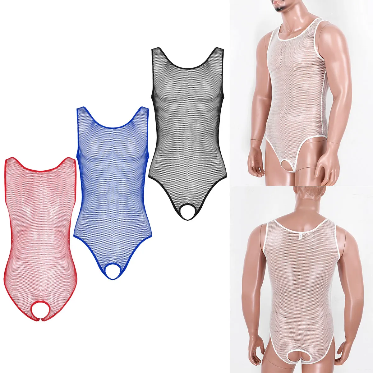 סקסי Mens אחד-חתיכת בגד ים Monokini חלול החוצה רשת הלבשה תחתונה סקופ צוואר שרוולים פתח במפשעה בגד גוף בגד Nightwear - 1
