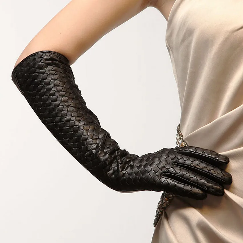 מכירת 43cm ארוך עור אמיתי נשים כפפות עור כבש שחור מוצק כפפות מרפק חורף תרמית אופנה משלוח חינם L108NN - 1