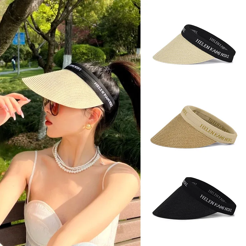 הקיץ של נשים כובע לאפיט ארוגים בראש חלול כובע קרם הגנה רכיבה על אופניים הגנת UV אופנה חוף ברווז הלשון שמשיה הכובע - 1
