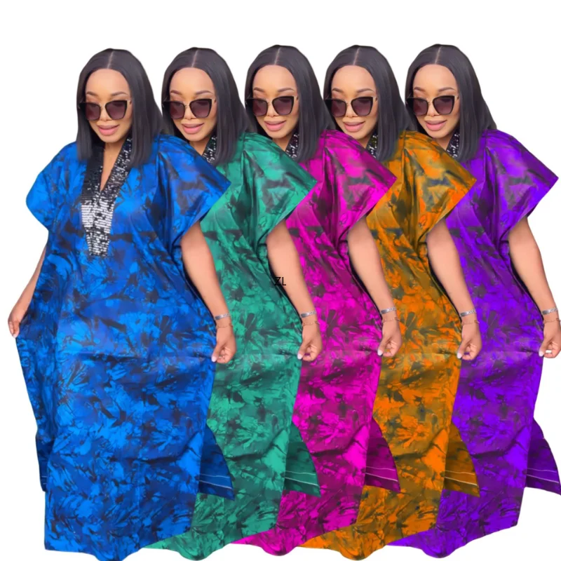 פוליאסטר אפריקה שמלות לנשים הקיץ אפריקה קצר השרוול V-צוואר נצנצים בתוספת גודל ארוכה גלימות אפריקה בגדי נשים - 1