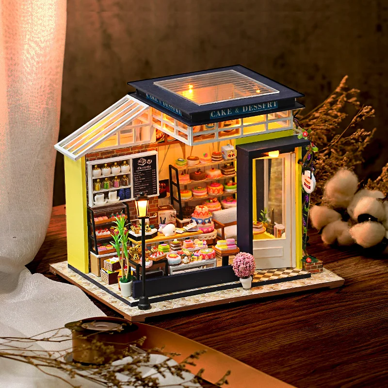 DIY בית מיניאטורי עם ריהוט LED דגם אבני הבניין צעצועי עץ לילדים קאסה דה Boneca עשה זאת בעצמך עוגת חנות אותם. - 1