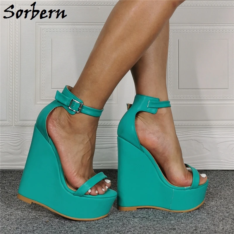 Sorbern נוח וודג סנדלים כחול ירוק קרסול רצועות גודל גדול לשני המינים נעלי קיץ רב צבעים פלטפורמת העקב התמונה האמיתית - 1