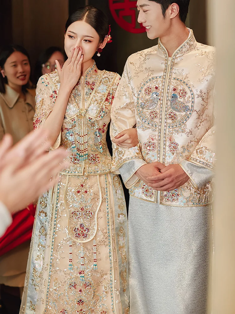 לבוש מסורתי של נשים שמפניה Xiuhe כלה שמלת החתונה Eleganct זהב סינית העליון טוסט להגדיר נקבה החתן טאנג חליפה - 1