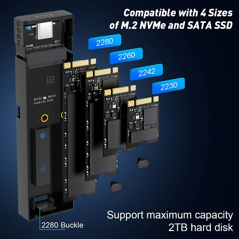 כפול פרוטוקול M2 SSD מקרה, NVMe גדרה מ. 2 ל-USB 3.1 Gen 2 SSD מתאם עבור NVME NGFF SATA M+B מפתח 2230/2242/2260/2280 SSD - 1